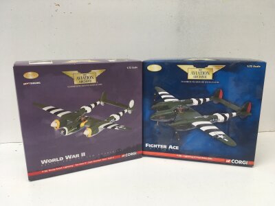 2x boxed Corgi Aviation Archive diecast models featuring US36603 P38j lightening SCAT II and AA36602 P38j Droop Snoop Lightening EZE DOES IT.  Both limited edition 1:72 scale.  No reserve. (2)