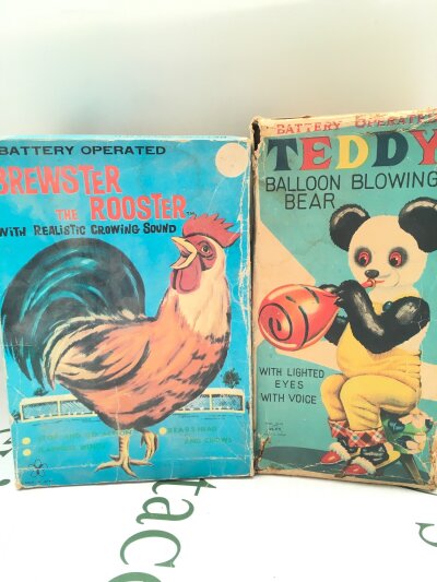 A Boxed Alps Battery Operated Balloon Blowing Bear And A Yonezawa Toys Brewster The Rooster.(2). From A Lifetime Private Collection To Be Sold.