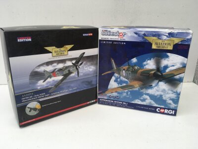 2x boxed Corgi Aviation Archive diecast models featuring AA34314 FW190A8 and AA39208 Supermarine Spitfire Mk.1.  Limited edition 1:72 scale.  No reserve. (2)