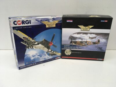 2x boxed Corgi Aviation Archive diecast models featuring AA36509 Hawker Typhoon MkIB and AA39204A Supermarine Spitfire Mk1. Limited edition 1:72 scale. No reserve.  (2)