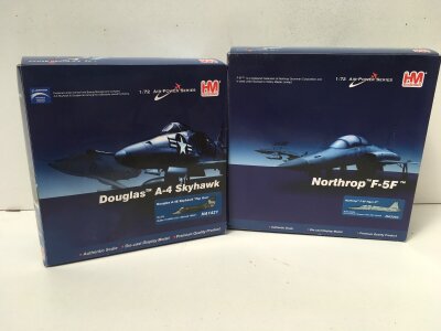 2 x boxed HobbyMaster diecast models in the Air Power Series featuring HA1421  Douglas A4E Skyhawks and HA3353 Northrop F5F TIGER II.  1:72 scale. No reserve.  (2)