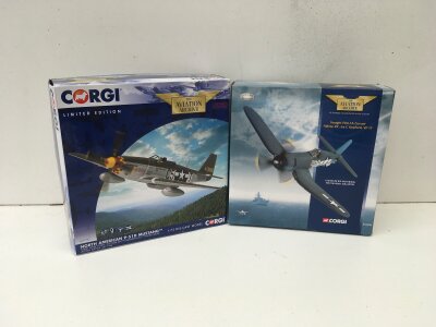 2x Boxed Corgi Aviation Archive diecast models featuring AA27705 P51D Mustang HURRY HOME HONEY and AA33002 Vought F4U 1A Corsair. Limited edition 1:72 scale  no reserve.  (2)