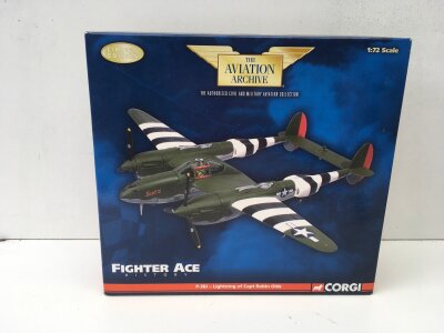 Boxed Corgi Aviation Archive diecast model in Fighter History series featuring P38j Lightening.  Limited edition 1:72 scale. No reserve.