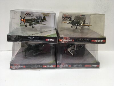 4 x Corgi boxed models in the WWII series featuring AA32207 Mustang, AA31916 Spitfire, AA35701 ME 262A and AA36305 Fairey Swordfish.  All in original display boxes.  1:72 scale  no reserve