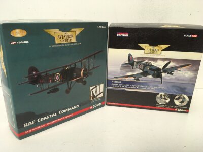 2x Boxed Corgi Aviation Archive diecast models featuring AA36304 Fairey Swordfish III and AA36508 Hawker Typhoon Mk IB.  Limited edition 1:72 scale.  No reserve (2)
