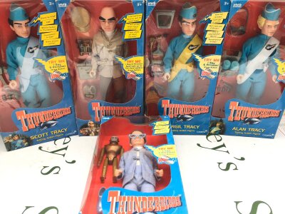5 Boxed Carlton Thunderbirds 12" Talking Action Figures, including Scott. Virgil, Alan, The Hood And Brains.