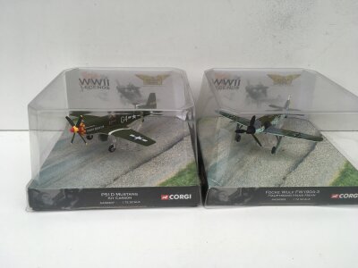 2x Corgi WWII legends featuring AA32207 P51D Mustang and AA34303 Focke Wulf 190A3.  1:72 scale.  No reserve (2)