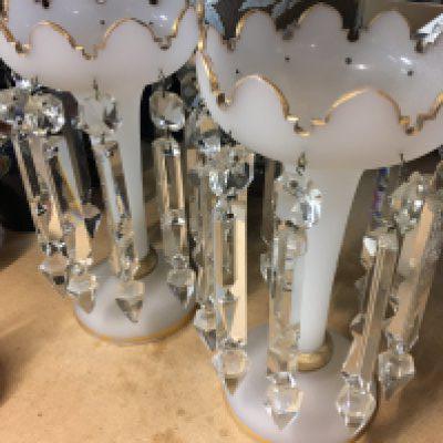 A pair of Victorian frosted glass lusters with glass drops.