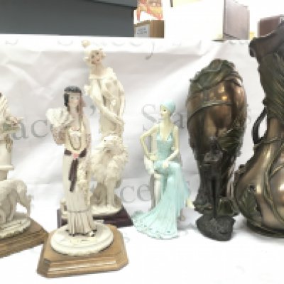 A collection of 20th century resin figures and two 20th century simulated bronze vases of Art Nouveau style. This lot cannot be posted. NO RESERVE