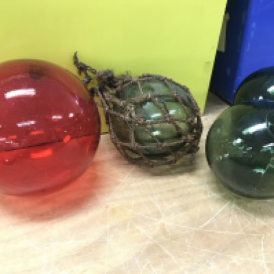 Vintage Glass Fishing floats in green and red. This lot cannot be posted. NO RESERVE