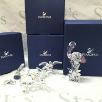Boxed Swarovski including Flamingo figure, Turtledoves, Damaged butterfly. Postage category C