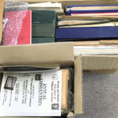 A collection of stamps including a Penny black, stamp albums including postage stamps of Newfoundland album. Postage cat c X2