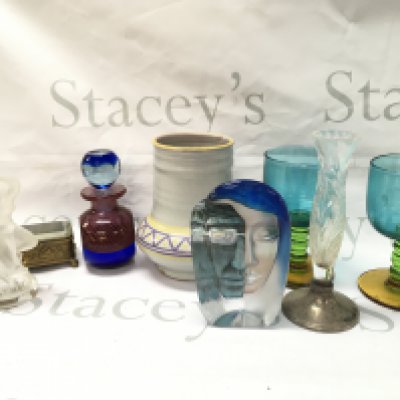 A collection of art glass ceramics including a French mid 20th century design Lalique woman figure group, Mats Jonasson paperweight, Merimakko glasses, Poole vase , silver hallmarked base glass vase