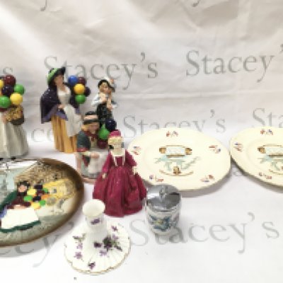 A collection of Royal Doulton balloon seller figures and plate , St Lawrence Seaway commemorative plates , Royal Worcester , Hammersly. This lot cannot be posted