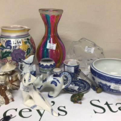 A collection of ceramics and oddments a Poole jug penny tin plate clockwork frog jersey pottery and glass.