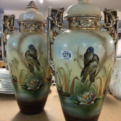 A pair of Victorian style vases with lids, decorated with Reed Warblers and Lilly pads. NO RESERVE