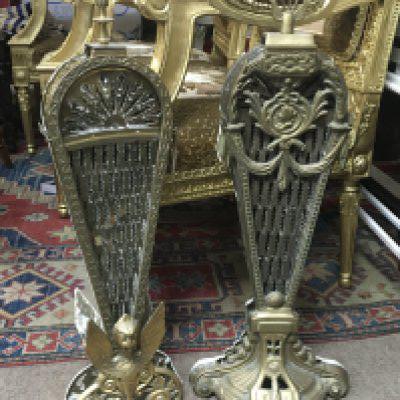Brass fan shaped painted fire screens . This lot cannot be posted NO RESERVE