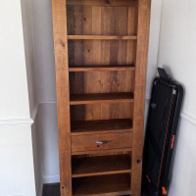 A modern pitch pine open bookcase with single central draw. 200cm x 88cm