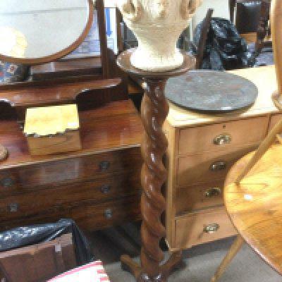 A mahogany plant stand with barley twist support and a Cotswold Studio pottery vase (2). Shipping category D.