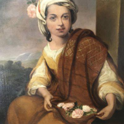 An early 19th. century oil painting on canvas of a young girl holding a collection of flowers The flower girl a perfection of spring a copy of the original by Bartolme Esteban Murillo. unsigned the painting relined and with repair. 83x67cm