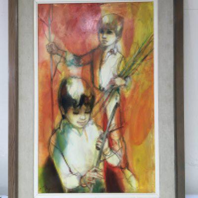 A modern mid 20th century oil painting study of two boys collecting sticks on a vivid orange ground. Signed lower left and attributed to Jean-Baptiste Valadie (b1933) 53x78cm