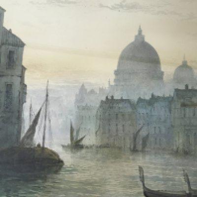 WITHDRAWN - A large well executed watercolour a view of a Venetian canal with merchant barges gondolas and architectural buildings. Signed Chas Ellis obscure date in a later modern gilt frame. 69x57cm