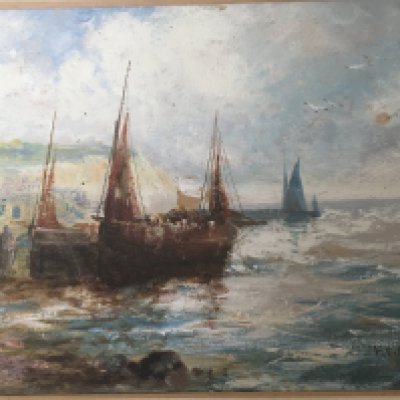 A framed oil moored sailing boats with figures on a shore line. Signed F C Hini&#2013265941s attributed to FC Hines. 25x17cm frame size 50x40cm. NO RESERVE