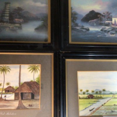 A collection of various oriental style Gouache pictures including sea views. Various size frames including 32 x 31 cm and 33cm x 40cm