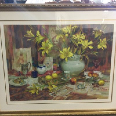 A framed John Carter still life watercolour with certificate of authenticity . Frame dimensions 114x92cm