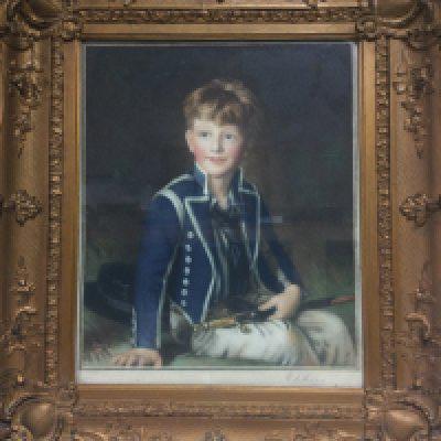 A gilt framed limited edition signed print of a young boy in a Victorian naval uniform, approx 52cm x 59cm. Some slight damage to frame. Shipping category D.
