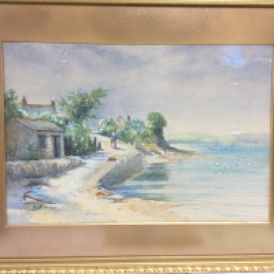 A gilt framed watercolour of a harbourside scene, approx 76cm x 58cm plus a quantity of small 19th Century unframed prints (2). Shipping category D.