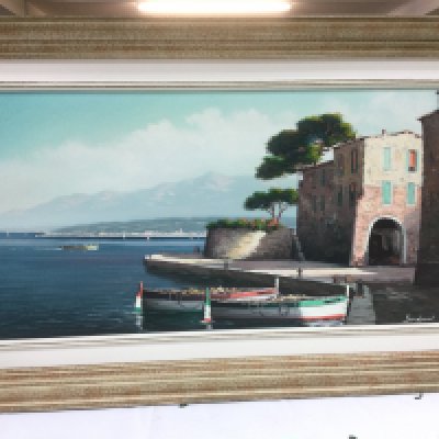 Framed watercolour By G De Paoli of boat scenes . Frame 38cm long 32cm tall This lot cannot be posted