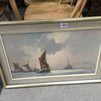A painting of the thames barges, signed Vic Ellis. Approx measurements 73cmx48cm.
