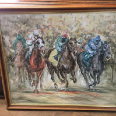A framed Anthony Vecchio Horse Racing oil painting 67x57cm