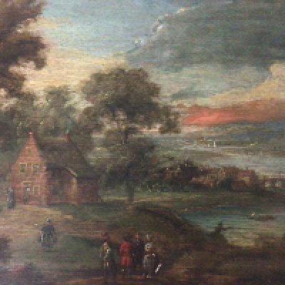A pair of oil paintings on panel North European possibly late 17th century and of the period depicting landscapes with socialising figures and buildings unsigned and unattributed. Restored reframed. 43x37cm including frame size.