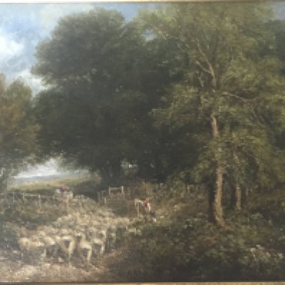 A 19th century oil painting on panel depicting a rural scene the gathering and hearing of a flock of sheep with figures unsigned attributed to John Linnell (1792-1882) the reverse with inscription restored and reframed. 52x41cm