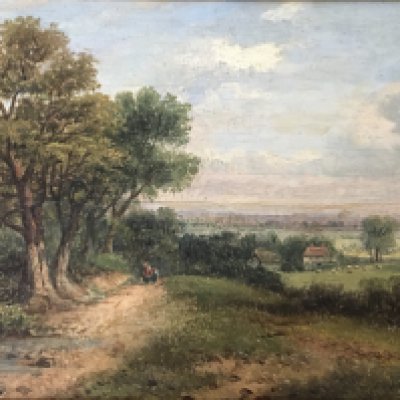 A mid 19th century oil painting on panel a British rural landscape with figures on a path and building beyond. Signed lower left Indistinctly and dated 1848. See image. 54x38cm