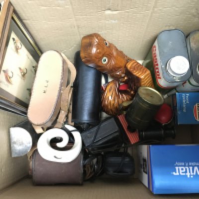 A collection of items including binoculars Carl Zeiss Jena Deltrintem 8x30, Ensign Ful vue camera, castrol oil cans, framed fishing flies etc. no reserve
