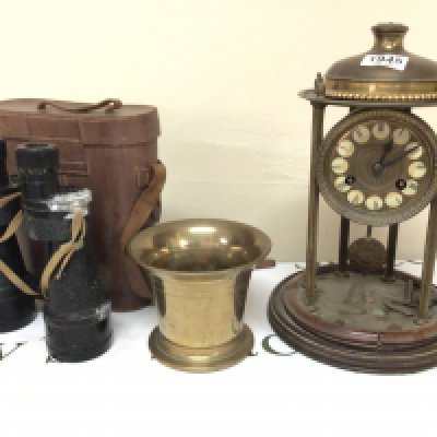 A pair of Ross of London binoculars a bronze pestle and a brass pillar (3) NO RESERVE