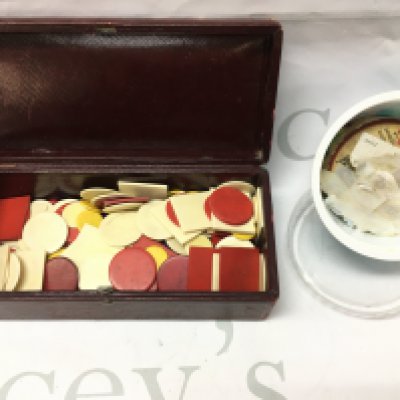A collection of gaming counters including bone examples, Chinese mother of pearl counters etc. no reserve. Postage category B