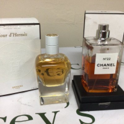 A Vintage bottle of 200ml Chanel No 22 perfume in a fitted box partly used and a bottle of Hermes Paris Perfume 85ml (2)
