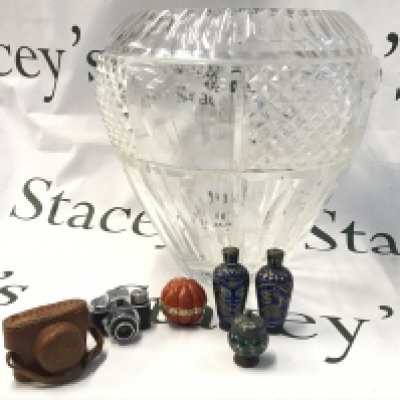 A cut glass vase, small cloisonne style trinket containers, Hit miniature Japanese camera. No reserve This lot cannot be posted .