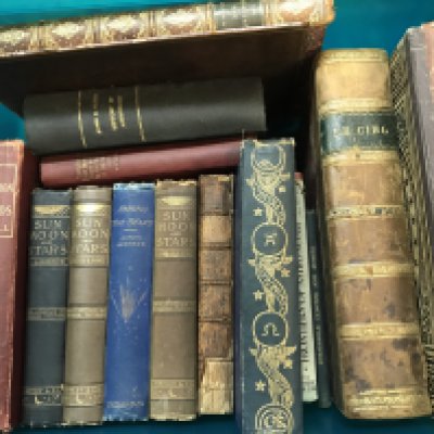 A collection of vintage leather bound astronomy books including Le Ciel by Amedee Guillemin, An Atlas of Astronomy by Robert Stawell Ball, The midnight sky by Edwin Dunkin, survey of the heavens by W.Derham, Sun moon and stars by Agnes Giberne etc. postage category C