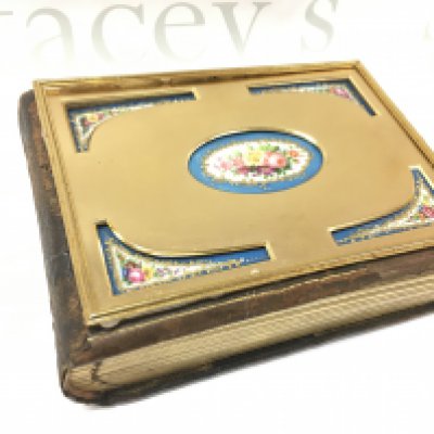 A Victorian leather, porcelain and brass photo album . Postage category b