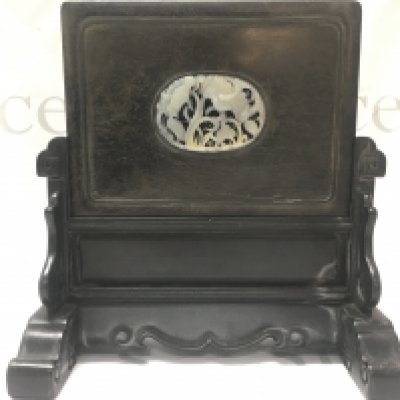 A Chinese wooden screen inlaid with jade ,birds with flowers piece. 25cm wide 25cm tall.