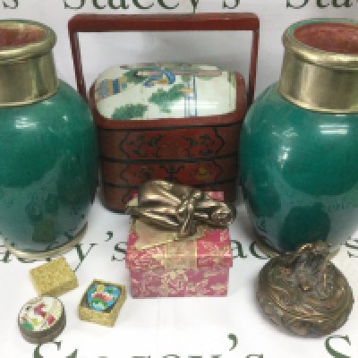 A Chinese box plus two smaller examples, a pair of vases etc. Shipping category D.
