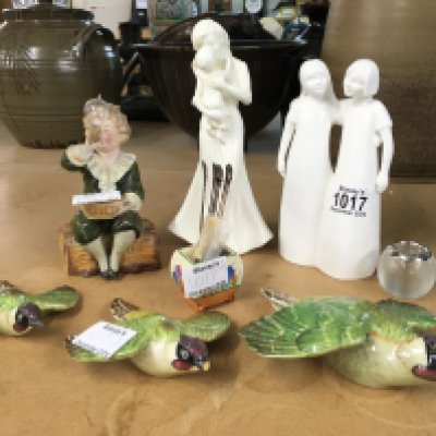 A Collection of porcelain figures including Worcester, Beswick kingfisher figures (one with damaged beak), silver hallmarked spoons, Clarice Cliff salt pot etc. this lot cannot be posted
