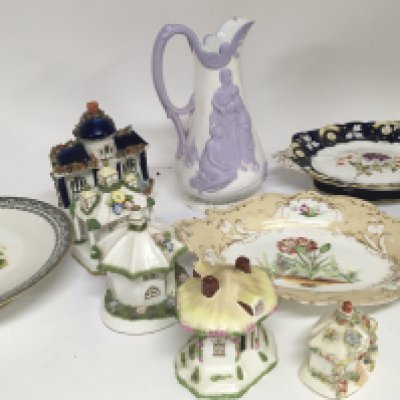 A collection of decorative Victorian and later ceramics hand painted dishes Staffordshire and Coalport cottages and a Victorian Naomi and her daughter Victorian jug. NO RESERVE
