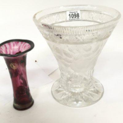 A Quality cut glass and acid and wheel cut vase and an art vase maker Laugharne. No obvious damage large vase Hight 22.5cm. NO RESERVE