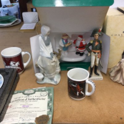 A collection of assorted ceramics including Coalport figure Laredo tankards etc. Postage D